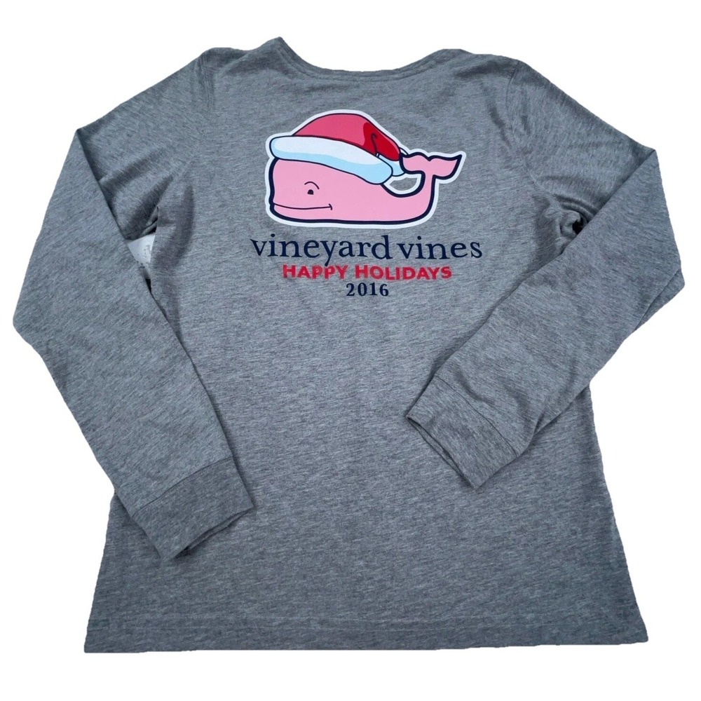 Vineyard Vines Shirt Women Medium Gray Tee Christmas Happy Holidays Whale Pocket
